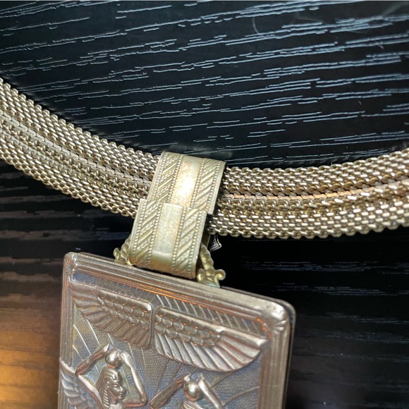 Vintage Designer Patrice Brass Egyptian mesh cat eye necklace earring set - Picture 6 of 9